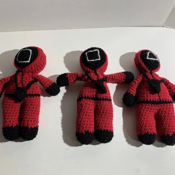 Squid Games Lot of 3 Red Soldiers Knitted Hand Made Crochet 10.25 inch - Picture 1 of 5